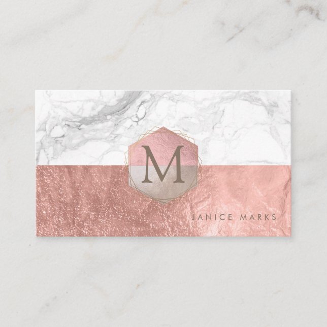 PIXDEZINES MARBLE FAUX ROSE GOLD+HONEYCOMB BUSINESS CARD (Front)