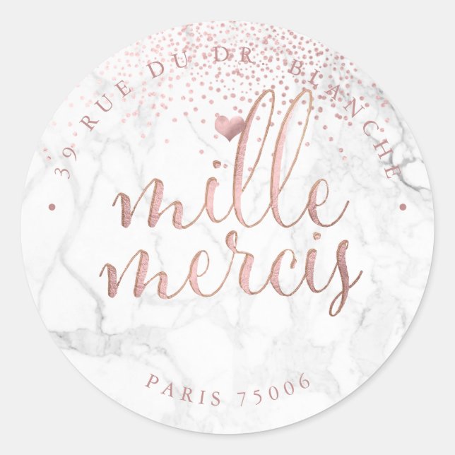 PixDezines Marble Faux Rose Gold Mille Mercis Classic Round Sticker (Front)