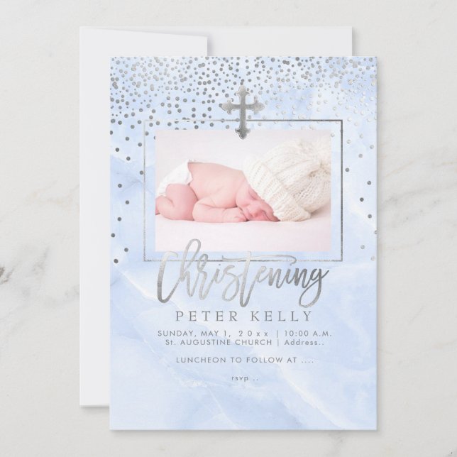 PixDezines Marble+Faux Silver Dots/Christening Invitation (Front)