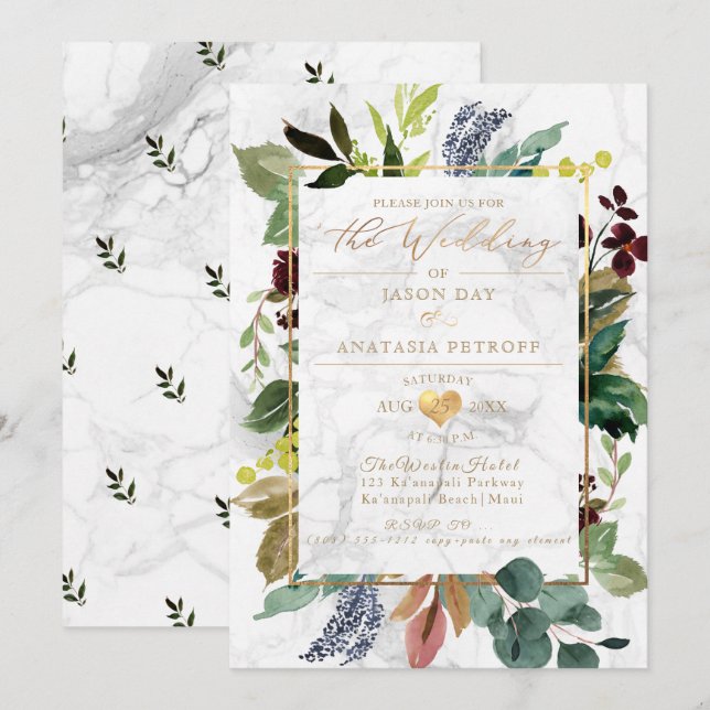 PixDezines Marble Greenery Gold Heart Invitation (Front/Back)