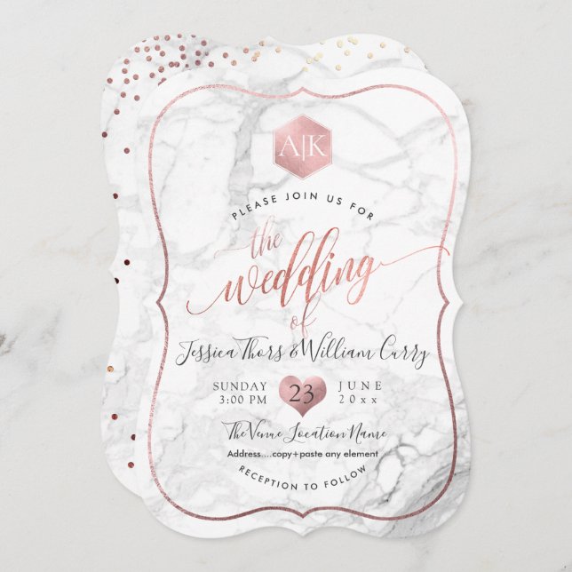 PixDezines Marble+Monogram+Faux RoseGold Honeycomb Invitation (Front/Back)