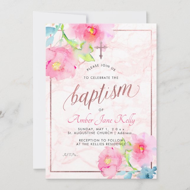 PixDezines Marble+Watercolor Flowers/Baptism Invitation (Front)