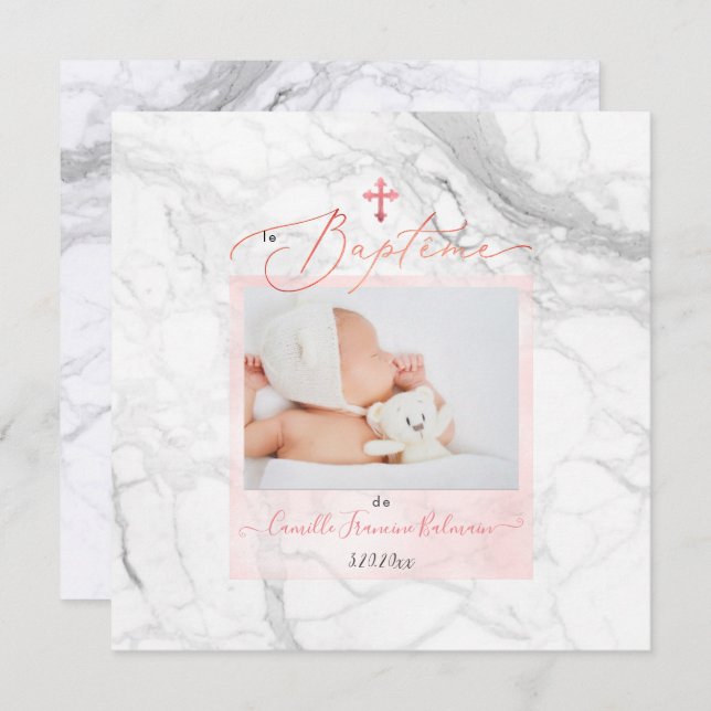 PixDezines Marbre Blanc, Baptême Fille Invitation (Front/Back)