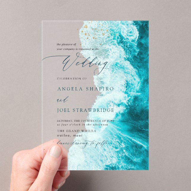 PixDezines Marine Waves Shoreline Beach Wedding Acrylic Invitations (Insitu (Handheld))