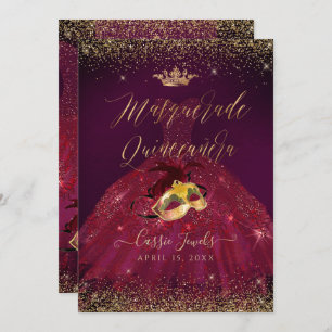 PixDezines Masquerade Quinceanera Burgundy Gold Invitation