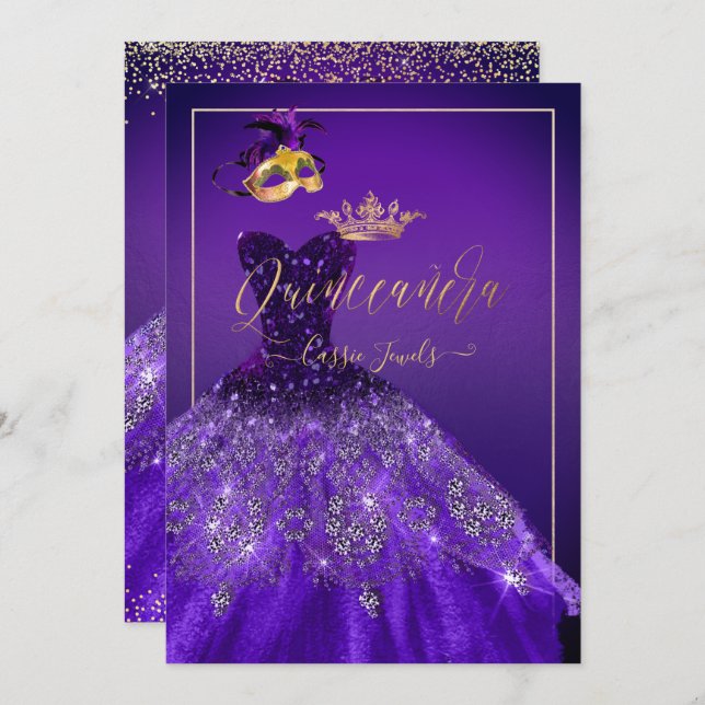 PixDezines Masquerade Quinceanera, Dark Purple Invitation (Front/Back)