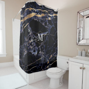 PixDezines MIDNIGHT BLU MARBLE+MONOGRAM Shower Curtain