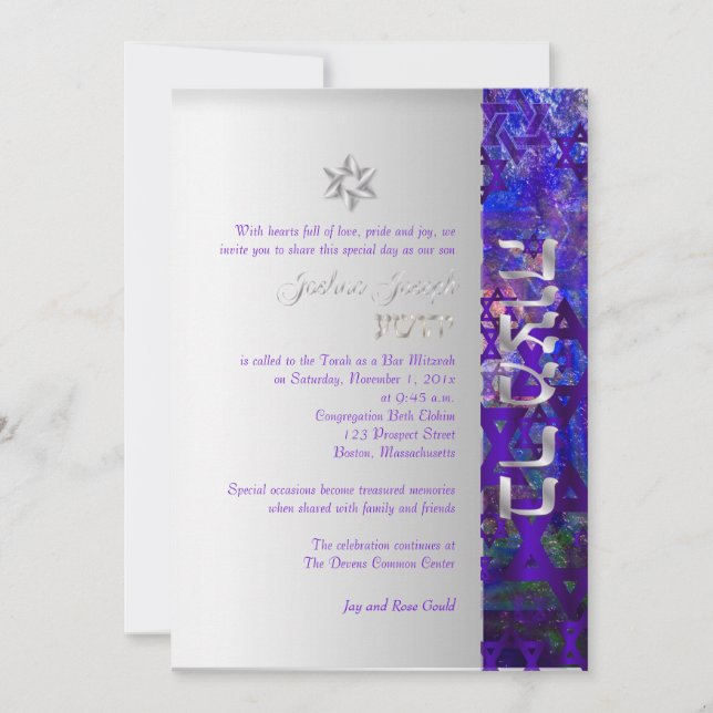 PixDezines mod stars/Bar Mitzvah/violet/silver Invitation (Front)
