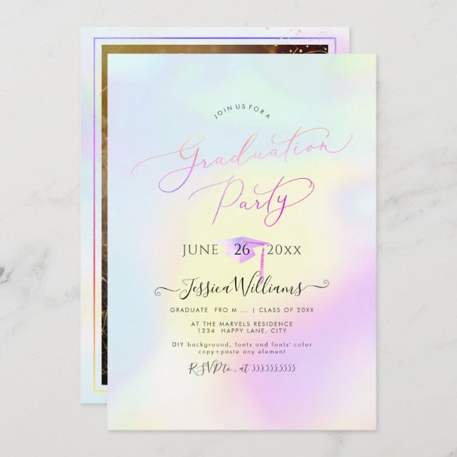 PixDezines Modern Holographic Graduation Invitation (Front/Back)