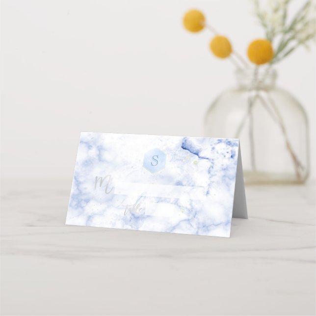 PixDezines Monogram Blue Honeycomb+Marble Place Card (Front)