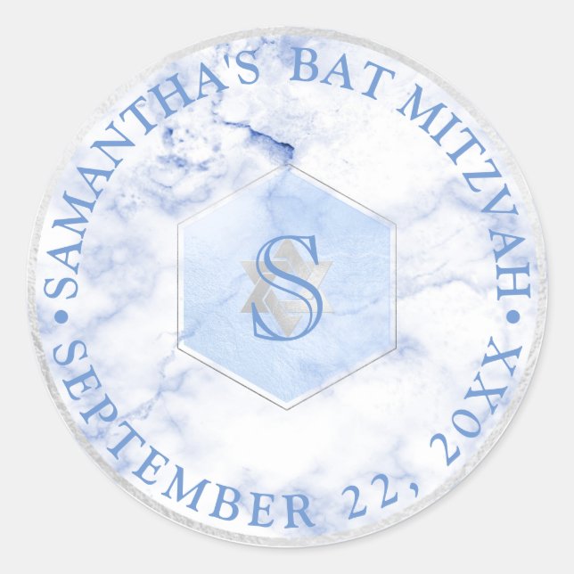 PixDezines Monogram Blue Honeycomb Mitzvah Classic Round Sticker (Front)