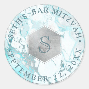 PixDezines Monogram Blue Marble Honeycomb Mitzvah Classic Round Sticker