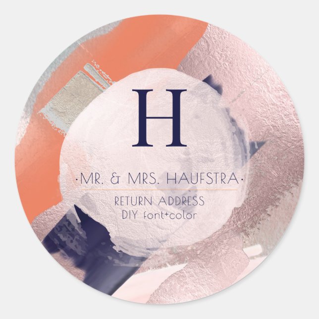PixDezines Monogram, Blush+Navy Colour Block Classic Round Sticker (Front)