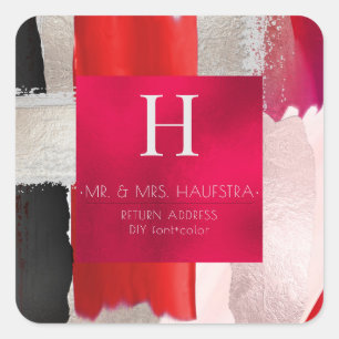 PixDezines Monogram, Blush+Silver+Red Colour Block Square Sticker