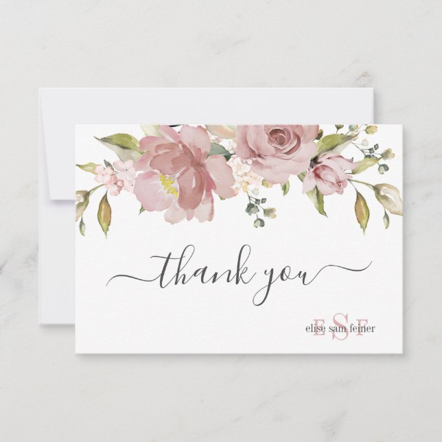 PixDezines Monogram H2 Dusty Rose Flowers   Thank You Card (Front)