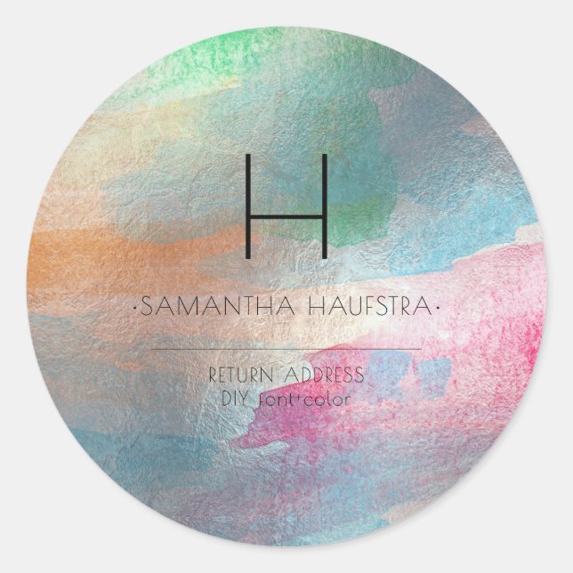 PixDezines Monogram Iridescent Brushed Watercolor Classic Round Sticker (Front)