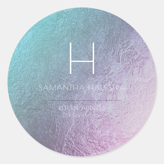 PixDezines Monogram Iridescent Ombre Teal Classic Round Sticker (Front)