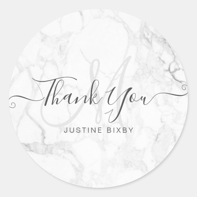 PixDezines Monogram Marble Chic Script Thank You Classic Round Sticker (Front)