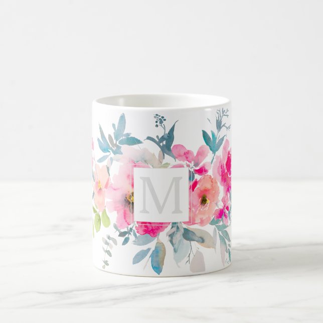 PixDezines MONOGRAM WATERCOLOR GARDEN ROSE PINK Coffee Mug (Center)