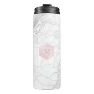PixDezines MONOGRAM WHITE MARBLE+BLUSH HONEYCOMB Thermal Tumbler