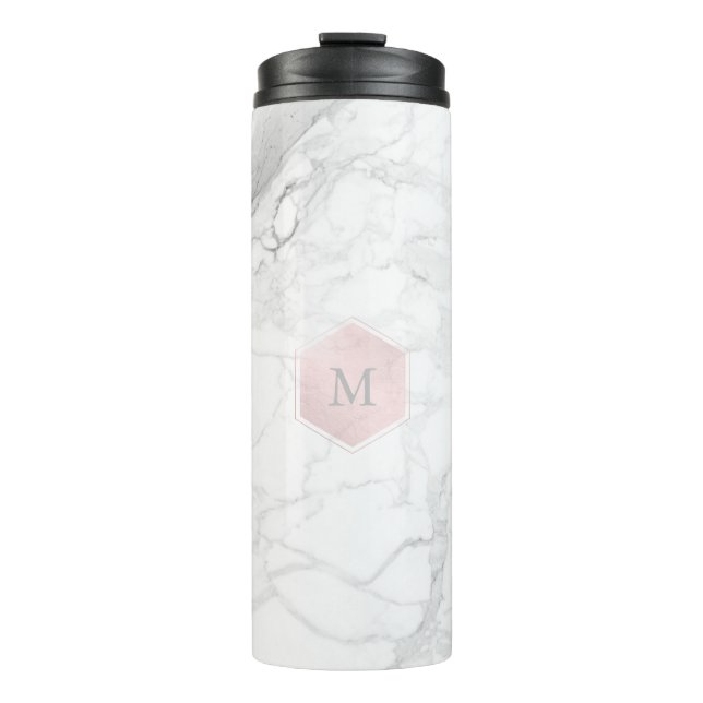 PixDezines MONOGRAM WHITE MARBLE+BLUSH HONEYCOMB Thermal Tumbler (Front)
