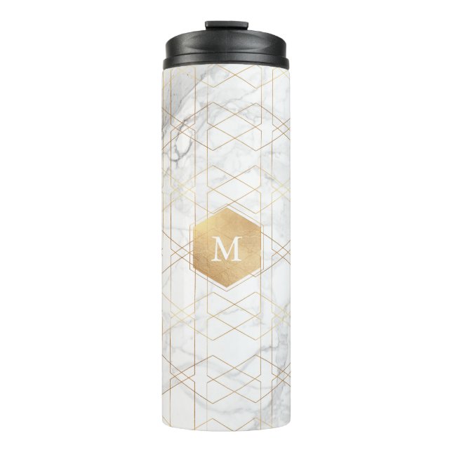 PixDezines MONOGRAM WHITE MARBLE+HONEYCOMB Thermal Tumbler (Front)