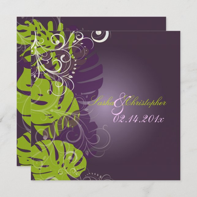 PixDezines MONSTERA+SWIRLS PURPLE+GREEN Invitation (Front/Back)