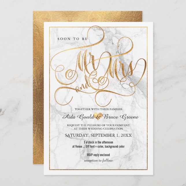 PixDezines Mr Mrs Faux Gold Fancy Script+Marble Invitation (Front/Back)