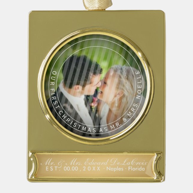 PixDezines Mr & Mrs First Christmas Wedding Photo Gold Plated Banner Ornament (Front)
