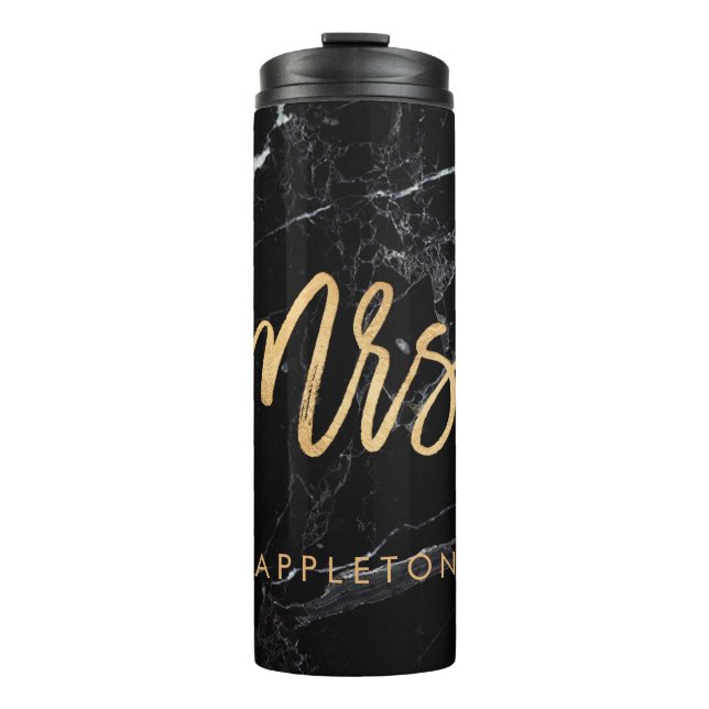 PixDezines Mrs. BLACK MARBLE FAUX GOLD Thermal Tumbler (Front)