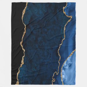 PixDezines Navy Blue H2 Agate Faux Gold Veins Fleece Blanket