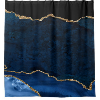PixDezines Navy Blue H2 Agate Faux Gold Veins Shower Curtain