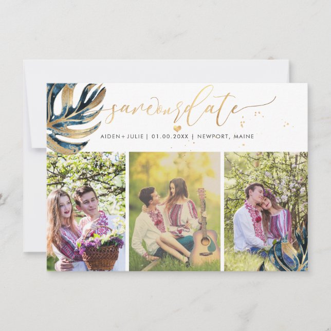 PixDezines Navy Blue Monstera Faux Metallic Save The Date (Front)