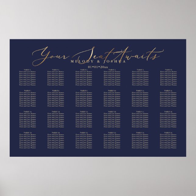 PixDezines Navy+Gold Calligraphy, Seating Chart (Front)