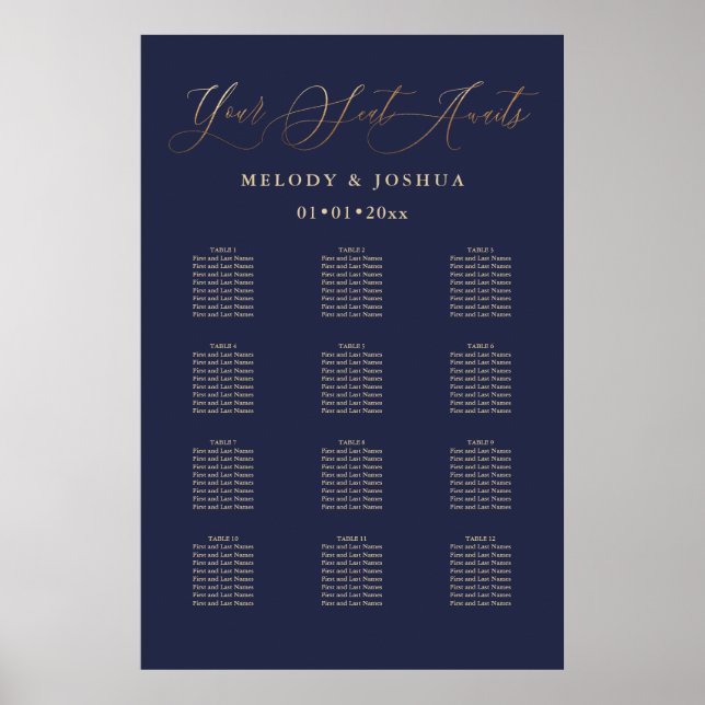PixDezines Navy+Gold Calligraphy, Seating Chart (Front)