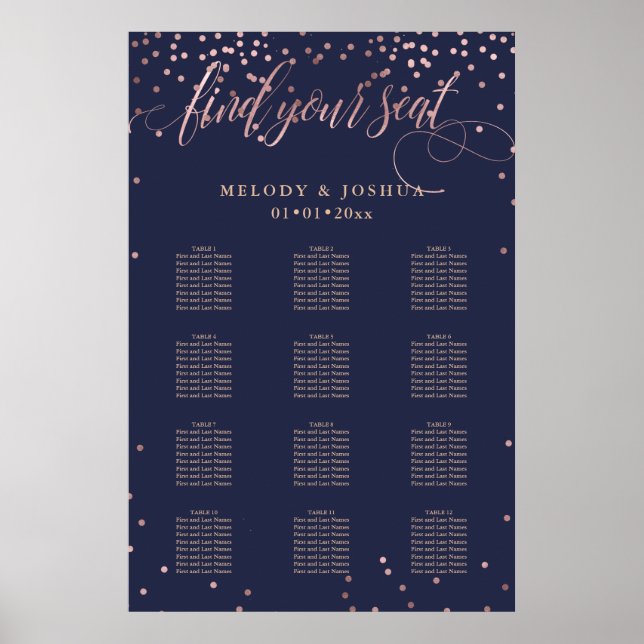 PixDezines Navy+Rose Gold Script, Seating Chart (Front)