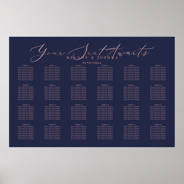 PixDezines Navy+Rose Gold Script, Seating Chart (Front)