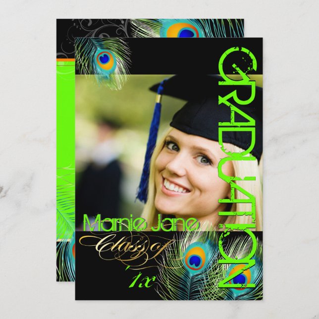 PixDezines Neon Green Peacock Feather Graduation Invitation (Front/Back)