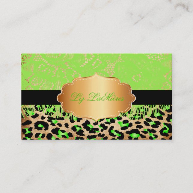 PixDezines neon green vintage lace+cheetah Business Card (Front)