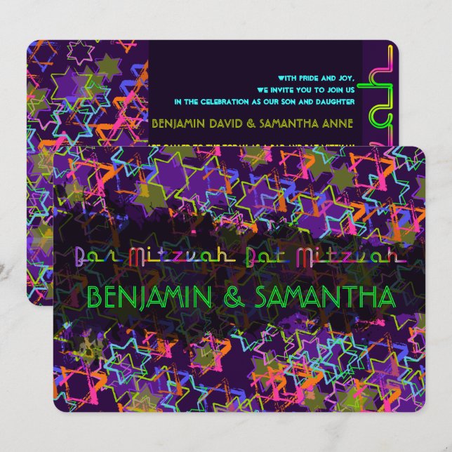 PixDezines NEON/GRUNG STARS/BAR+BAT MITZVAH Invitation (Front/Back)