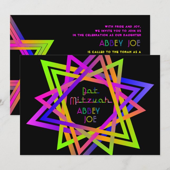 PixDezines Neon Sign Star of David/Bat Mitzvah Invitation (Front/Back)