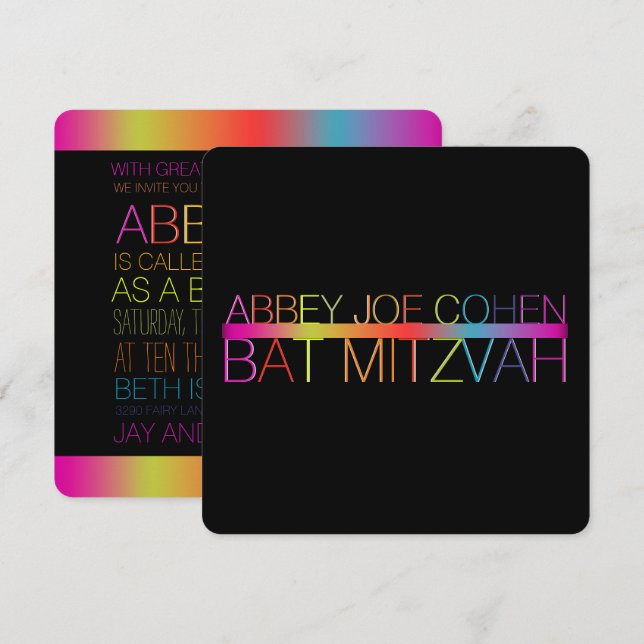 PixDezines neons/typography/bat mitzvah Invitation (Front/Back)