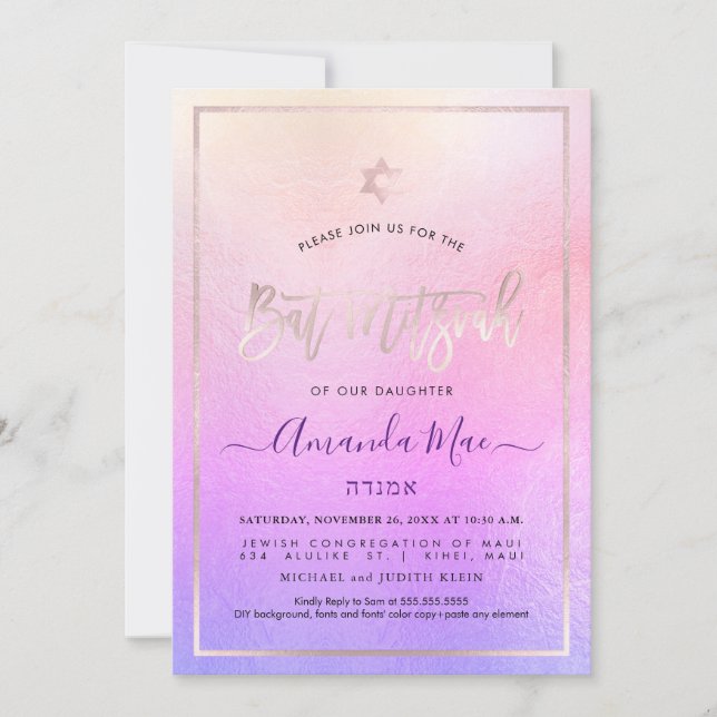 PixDezines Ombre Blush Pink+Violet Bat Mitzvah Invitation (Front)