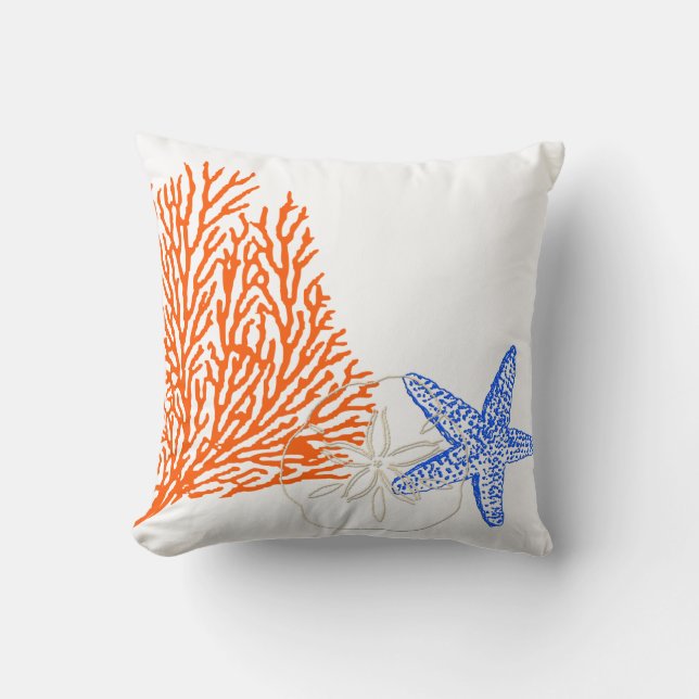 PixDezines orange coral+starfish/diy background Cushion (Front)