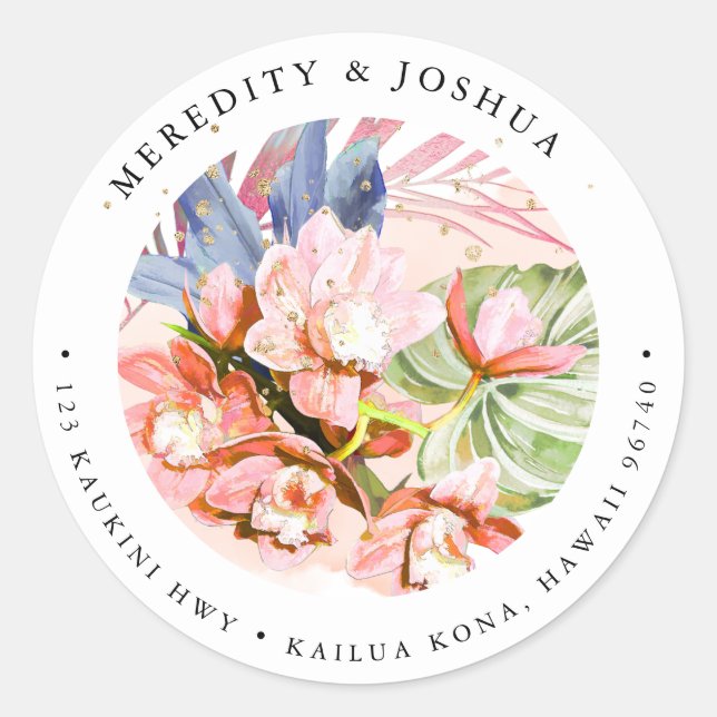 PixDezines Orange Cymbidium Orchid Silver Foliage Classic Round Sticker (Front)