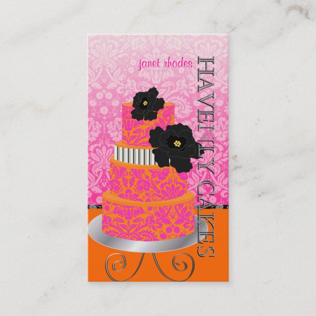 PixDezines Orange+Hot Pink damask cake/pâtisserie Business Card (Front)