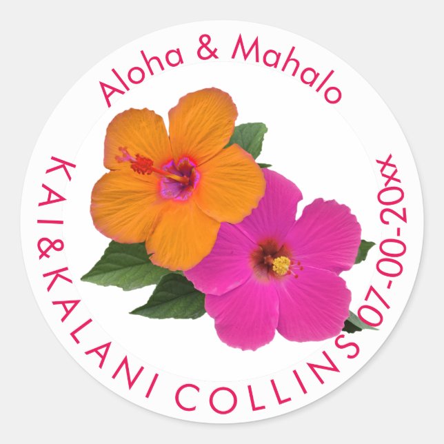 PixDezines Orange/Pink Hibiscus/Aloha/Mahalo Classic Round Sticker (Front)