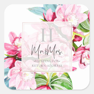 PixDezines Orchid Isle, Pink Orchid+Ti Leaves Square Sticker