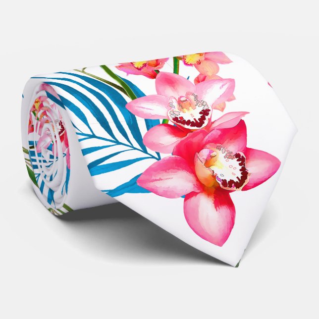 PixDezines Orchid Isle, Pink Orchids Blue Palms Tie (Rolled)