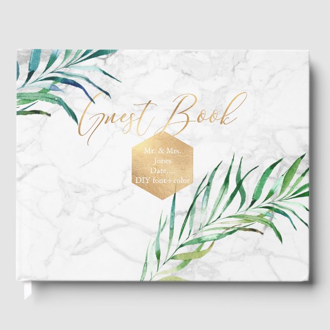 PixDezines Palm Fronds+Faux Gold+Fancy Script Guest Book (Front)